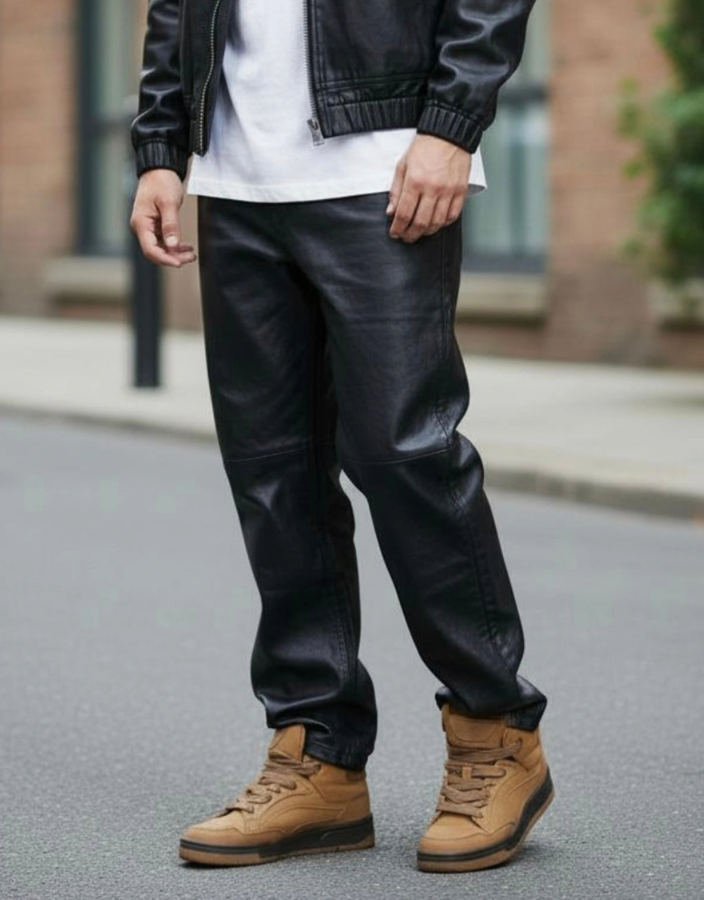 Person wearing black leather baggy pants and brown boots on a street. 