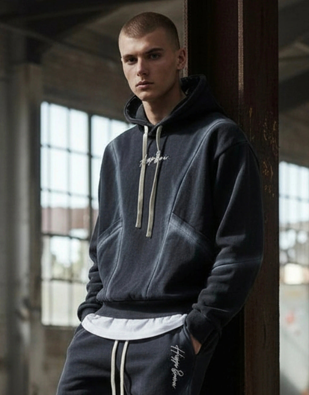 Man wearing a dark Oversized boxy fit hoodie and pants leaning against a wall.