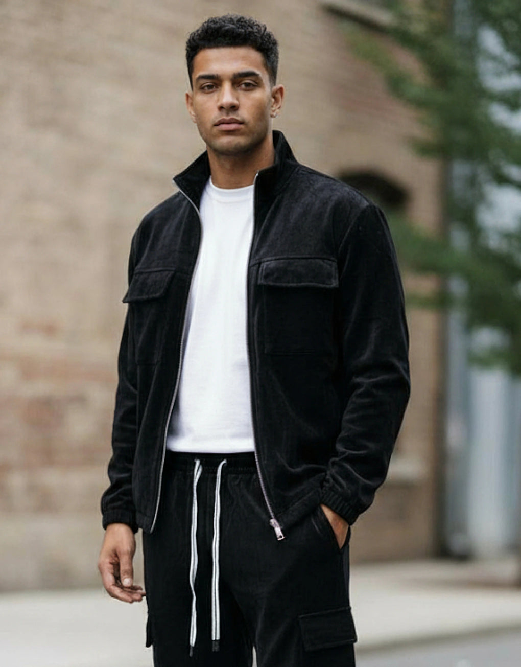 Man wearing a black jacket and black pants with white drawstrings, standing against a blurred urban background.