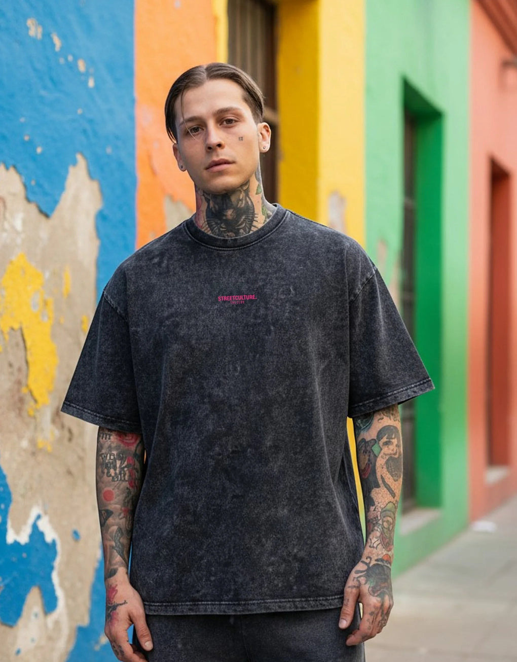 MEGASTORE's dark grey washed cotton oversized t-shirt with pink chest logo and graphic back print